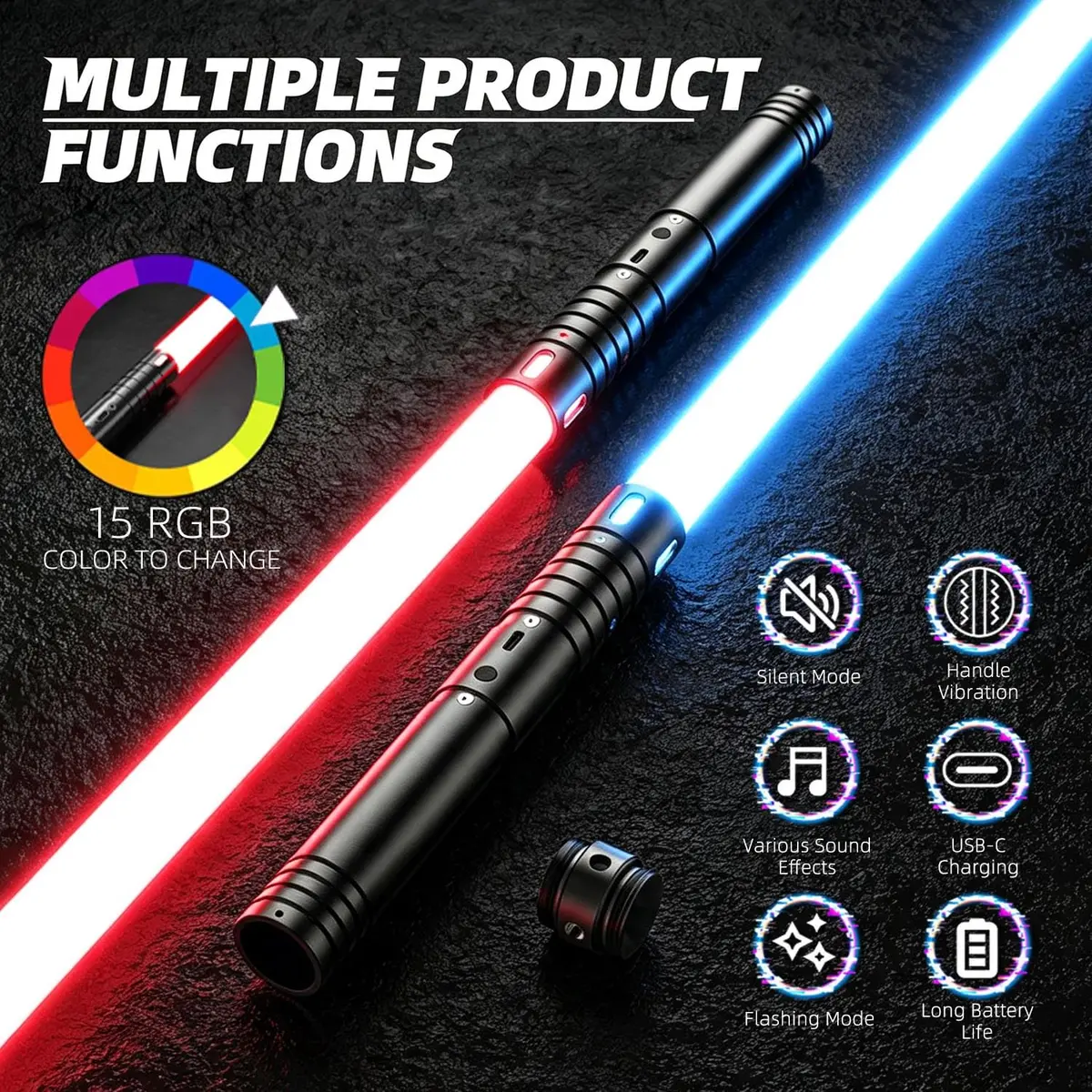 CSNDICE Lightsaber 2 Pack, Metal Hilt, 20 RGB Colors | Dual-Mode Dueling Toy for Kids & Adults - view 3