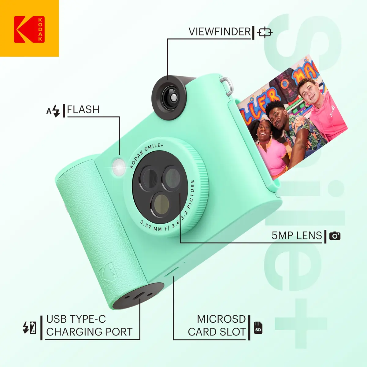 KODAK Smile+ Wireless Digital Instant Print Camera with Effect-Changing Lens, 2x3” Zink Sticky-Backed Photo Prints Mint Green | 5MP CMOS Sensor - view 2