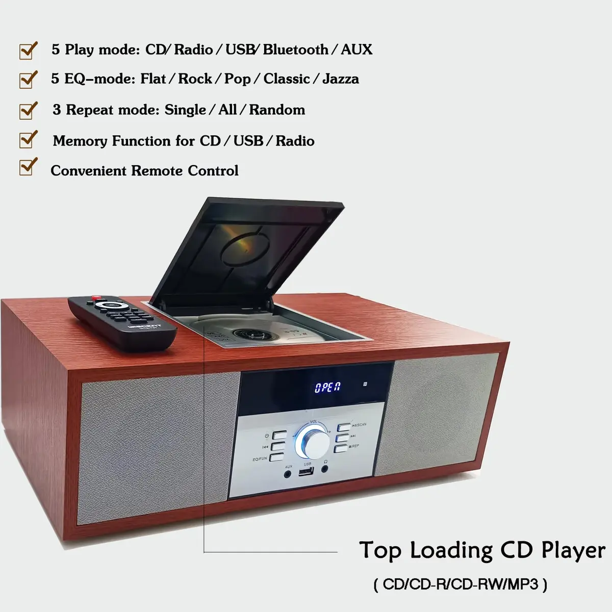 WIITHINK Vintage Style CD Player with Bluetooth, FM Radio, USB, 30W Wood Home HiFi Stereo System | 3.76 kg (8.3 lb) - view 5