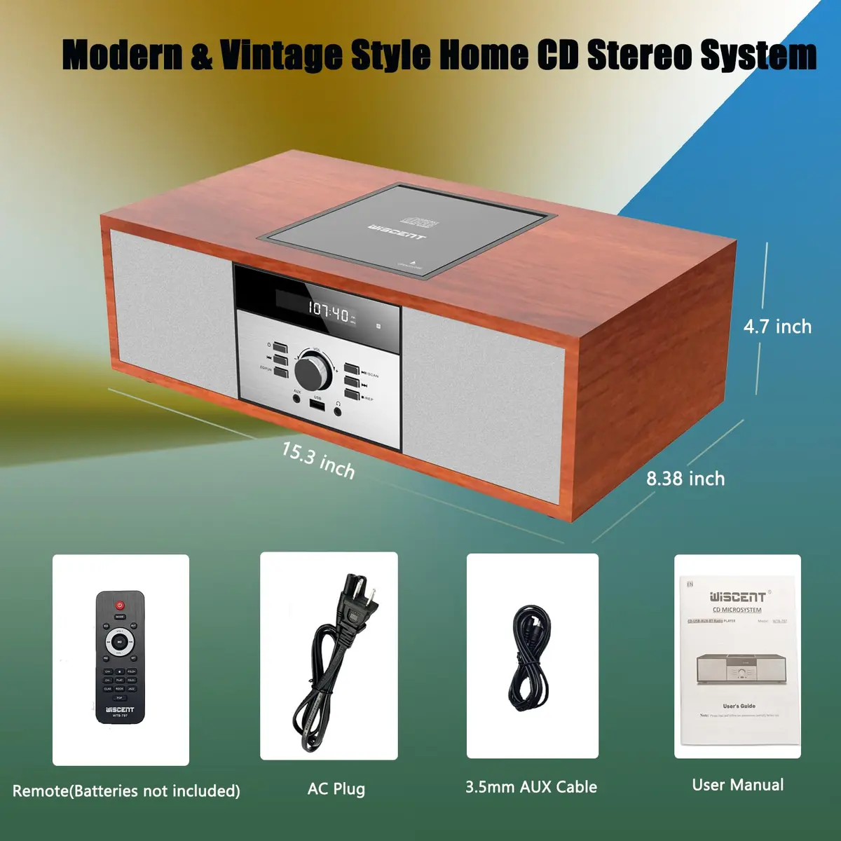 WIITHINK Vintage Style CD Player with Bluetooth, FM Radio, USB, 30W Wood Home HiFi Stereo System | 3.76 kg (8.3 lb) - view 7