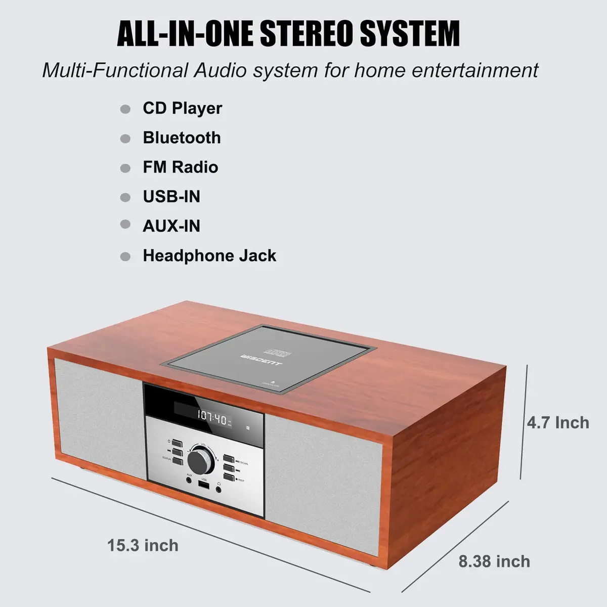 WIITHINK Vintage Style CD Player with Bluetooth, FM Radio, USB, 30W Wood Home HiFi Stereo System | 3.76 kg (8.3 lb) - view 2