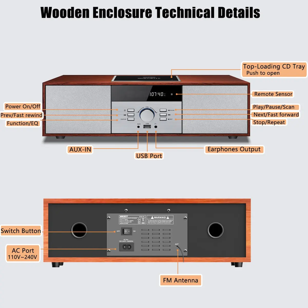 WIITHINK Vintage Style CD Player with Bluetooth, FM Radio, USB, 30W Wood Home HiFi Stereo System | 3.76 kg (8.3 lb) - view 3