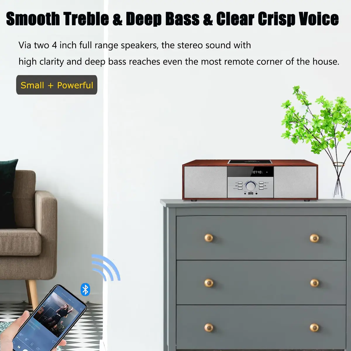 WIITHINK Vintage Style CD Player with Bluetooth, FM Radio, USB, 30W Wood Home HiFi Stereo System | 3.76 kg (8.3 lb) - view 4