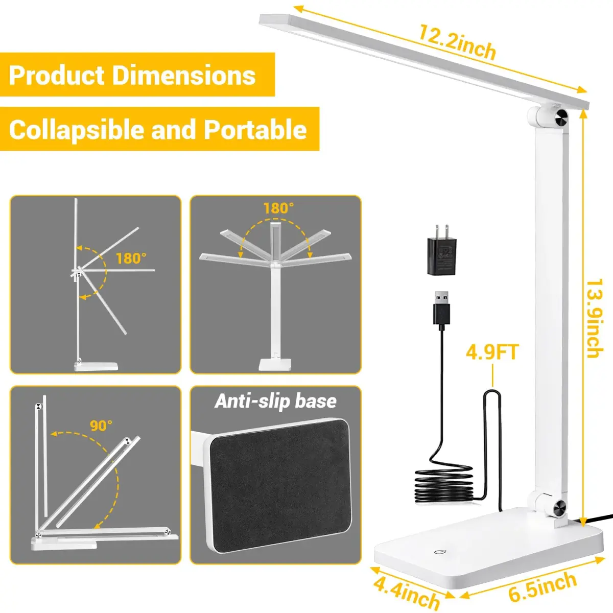 Best World LED White Table Lamp with USB Charging Port & 3 Brightness Levels | 5000K Cool White - view 4