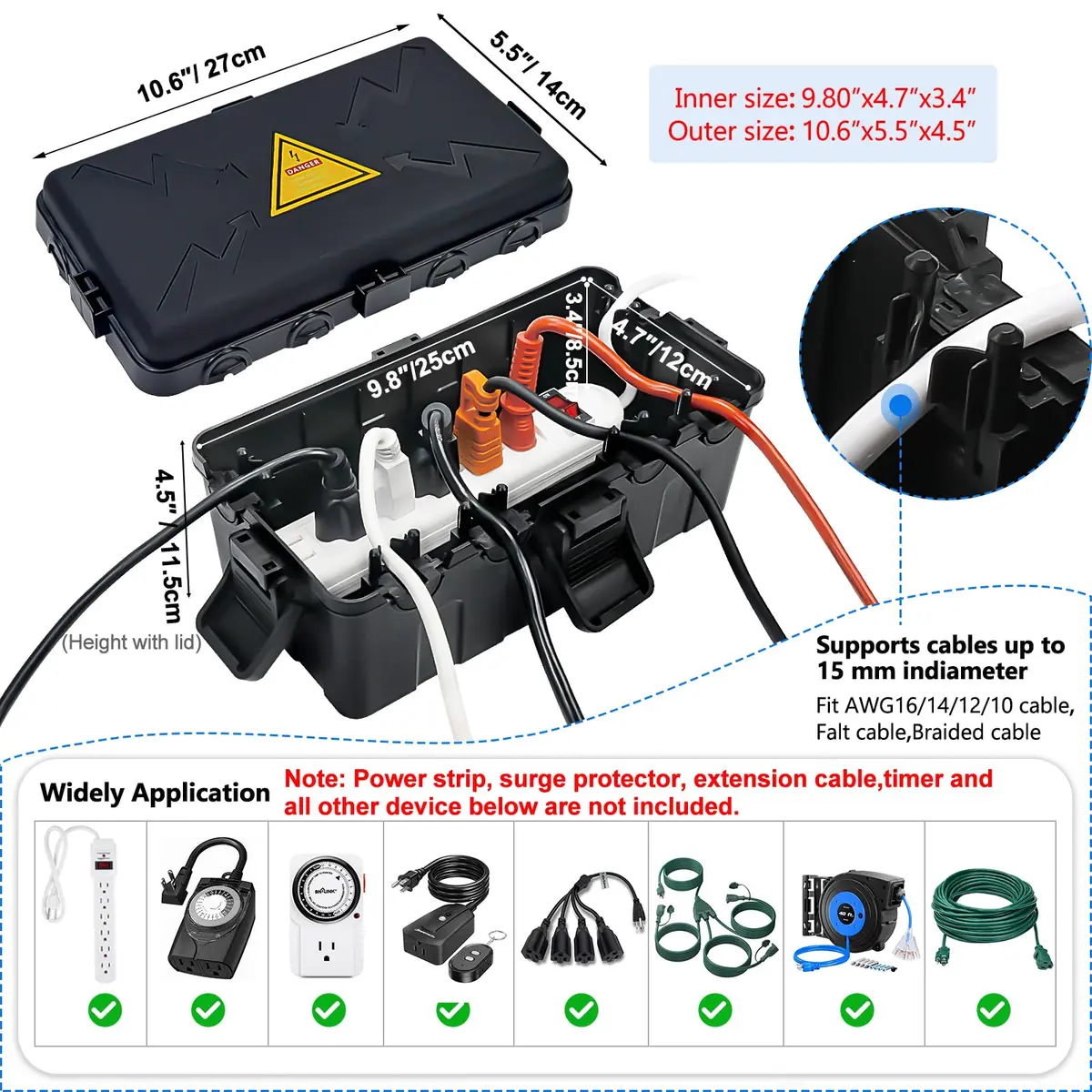Hrensaw Medium Outdoor Electrical Box 10.6x5.5x4.5inch Waterproof IP54 Black - view 2