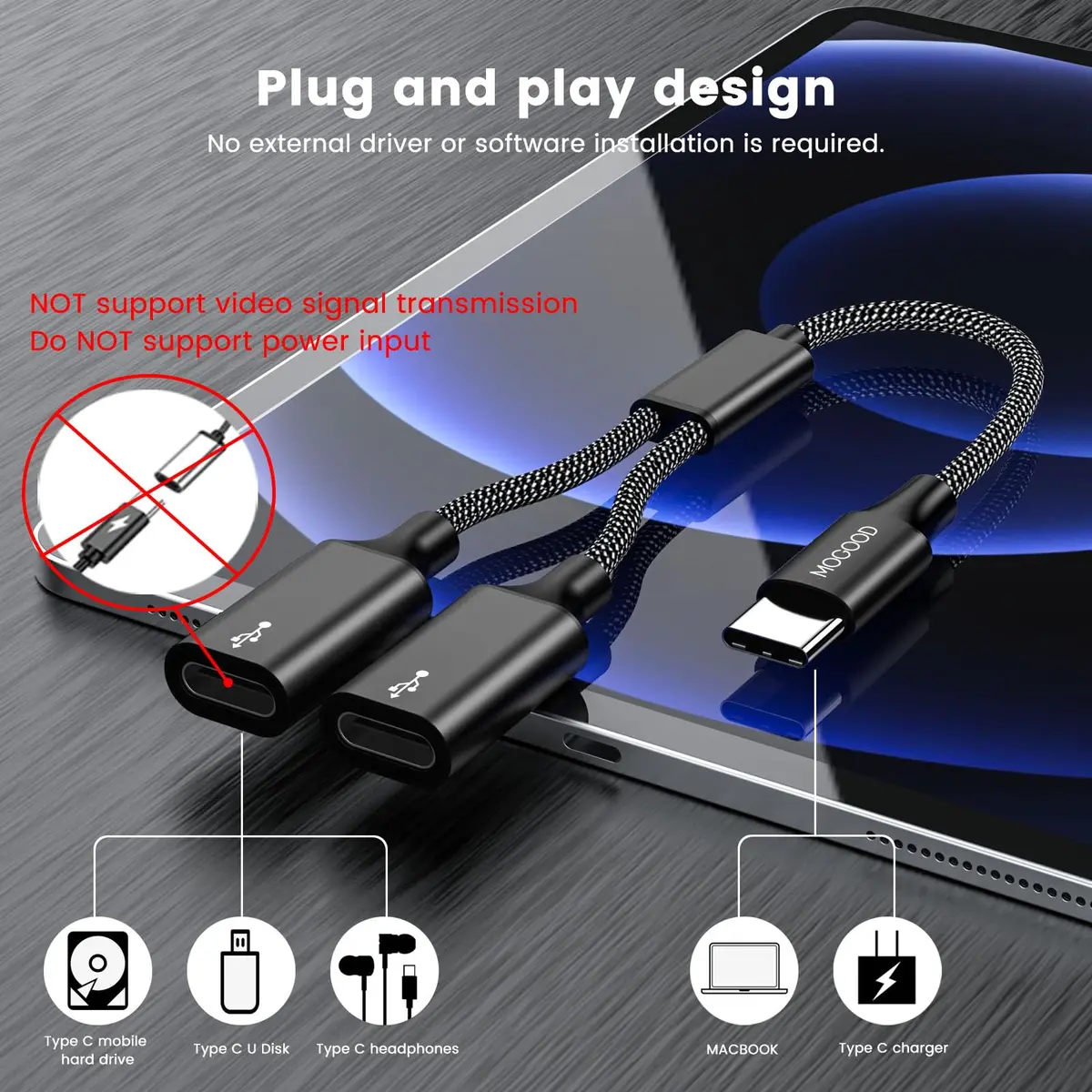 MOGOOD USB C Splitter Adapter for Data Transfer - 1 Male to 2 Female USB-C Ports | Black - view 3