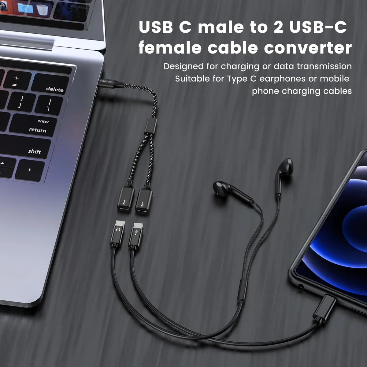 MOGOOD USB C Splitter Adapter for Data Transfer - 1 Male to 2 Female USB-C Ports | Black - view 4