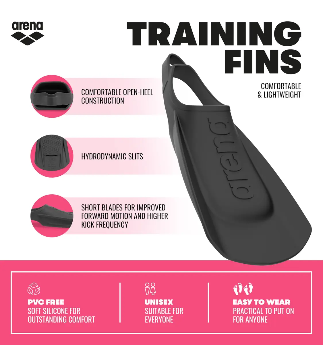 Arena Unisex Adult Training Swim Fins Short Blade Open Heel Silicone Flippers, Lime, 25-27cm (6-7 US) | Power & Technique Enhancement - view 2