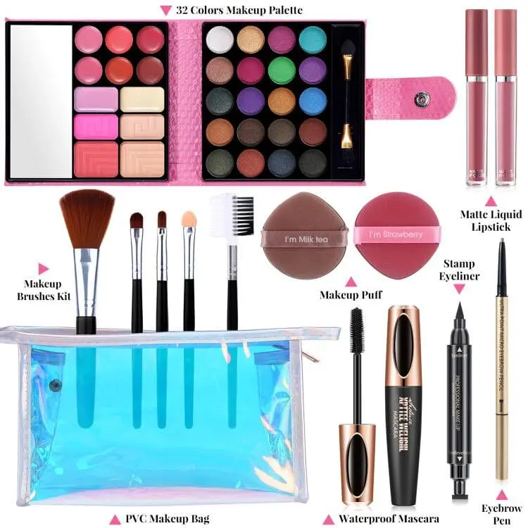 QiBest Makeup Set for Women Full Kit | 32 Colors Palette, 5pcs Brushes, Mascara & Eyeliner, Lipsticks, Cosmetic Bag - view 2