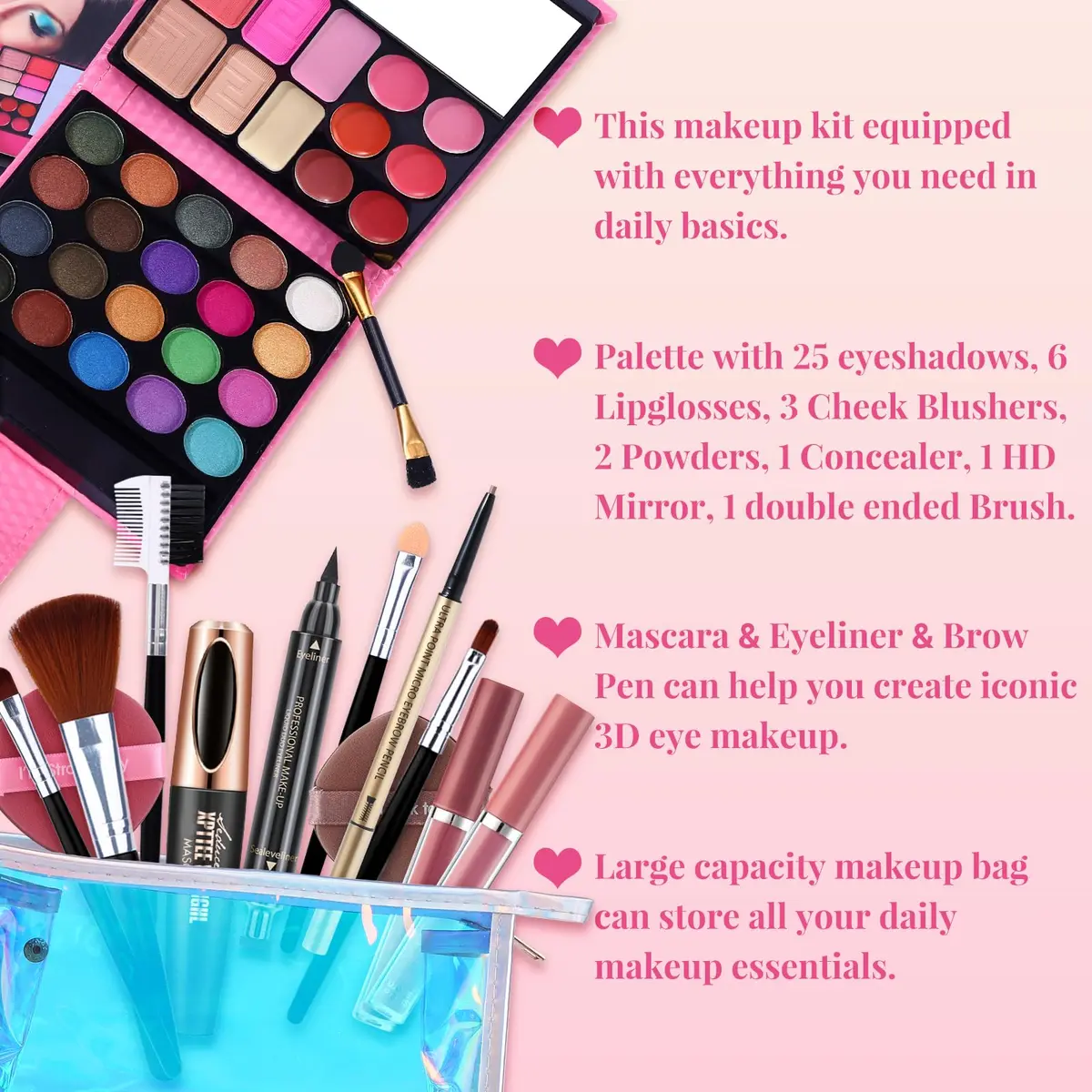 QiBest Makeup Set for Women Full Kit | 32 Colors Palette, 5pcs Brushes, Mascara & Eyeliner, Lipsticks, Cosmetic Bag - view 4