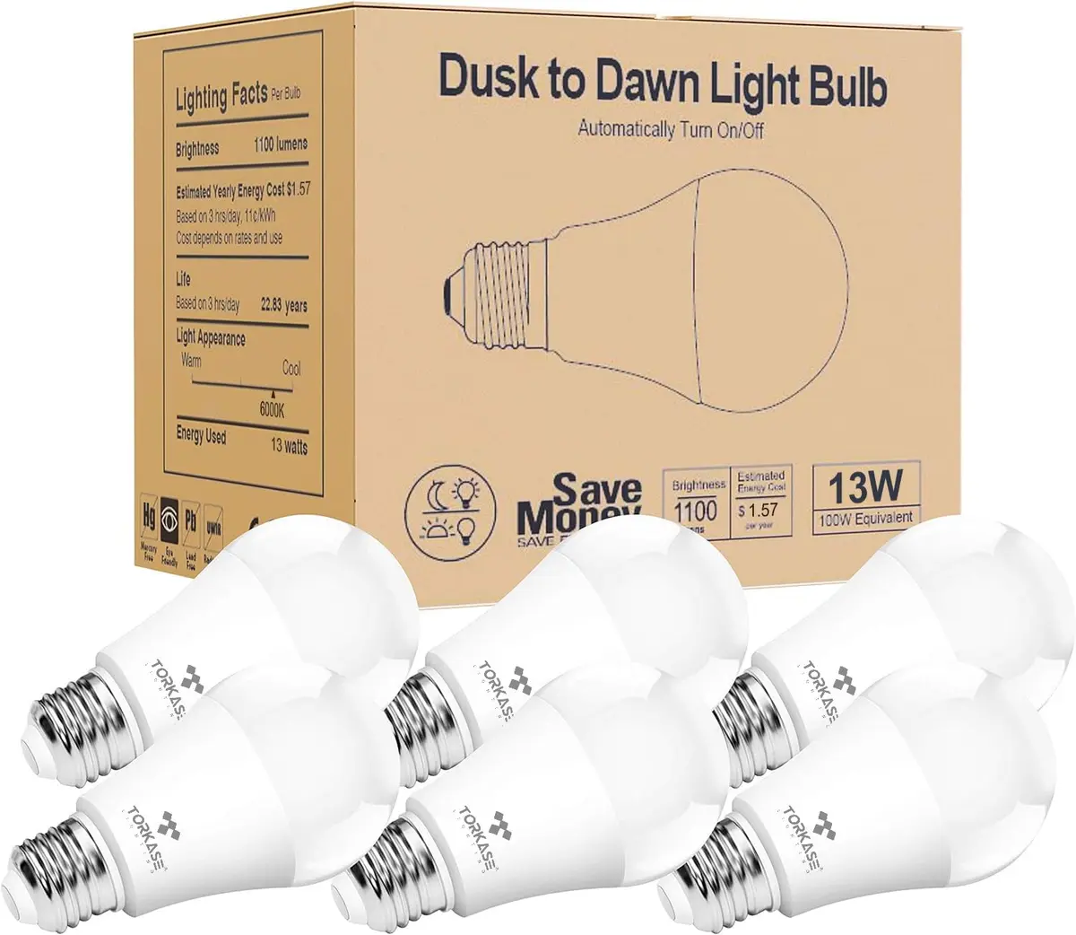 Torkase Outdoor Sensor Light Bulb E26 | Dusk to Dawn Automatic Sensor, 6000K Cool White, 13W, 6 Pack - main product image