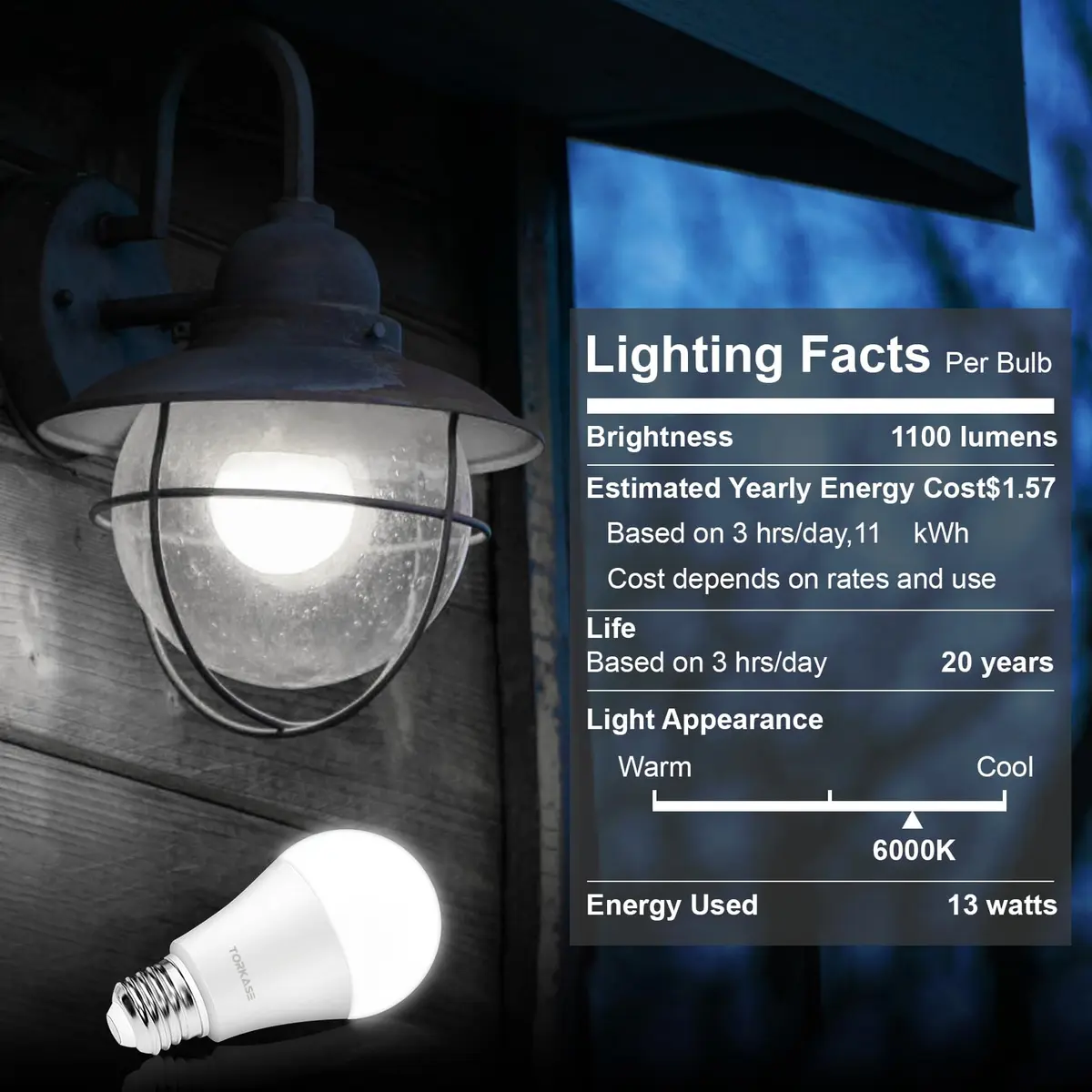 Torkase Outdoor Sensor Light Bulb E26 | Dusk to Dawn Automatic Sensor, 6000K Cool White, 13W, 6 Pack - view 2