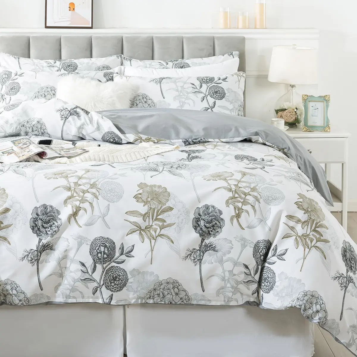 FADFAY Floral Duvet Cover Sets Twin Size 100% Cotton Ink Grey | Vintage Flower Patterned Comforter Cover for All Seasons - main product image