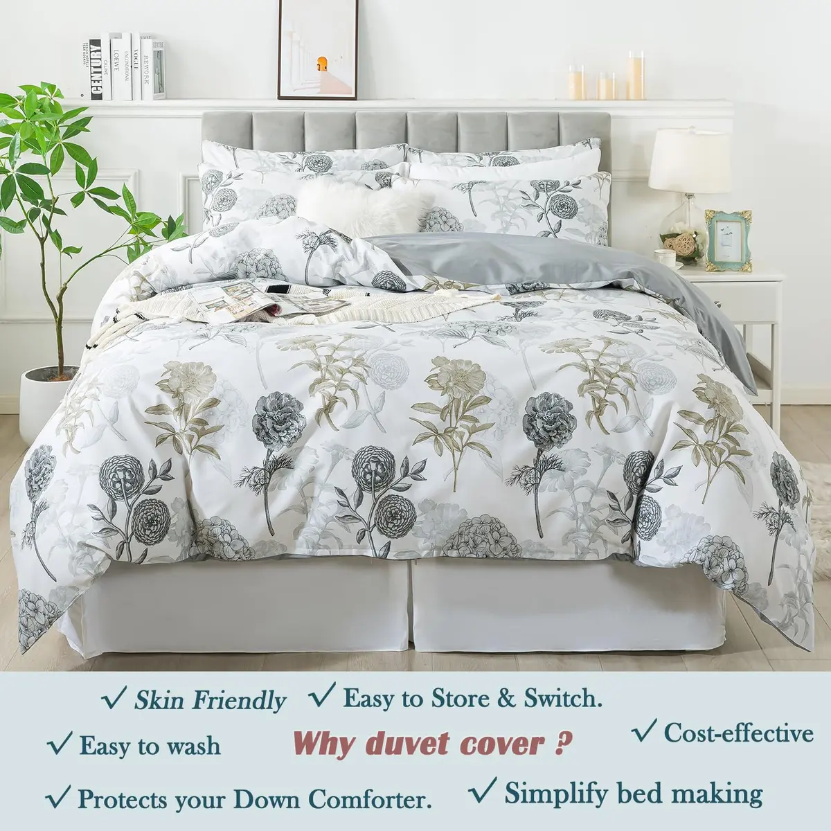 FADFAY Floral Duvet Cover Sets Twin Size 100% Cotton Ink Grey | Vintage Flower Patterned Comforter Cover for All Seasons - view 7