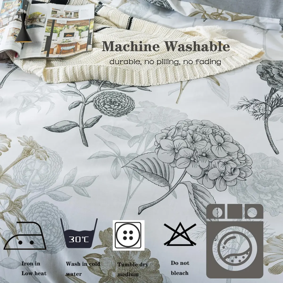 FADFAY Floral Duvet Cover Sets Twin Size 100% Cotton Ink Grey | Vintage Flower Patterned Comforter Cover for All Seasons - view 8