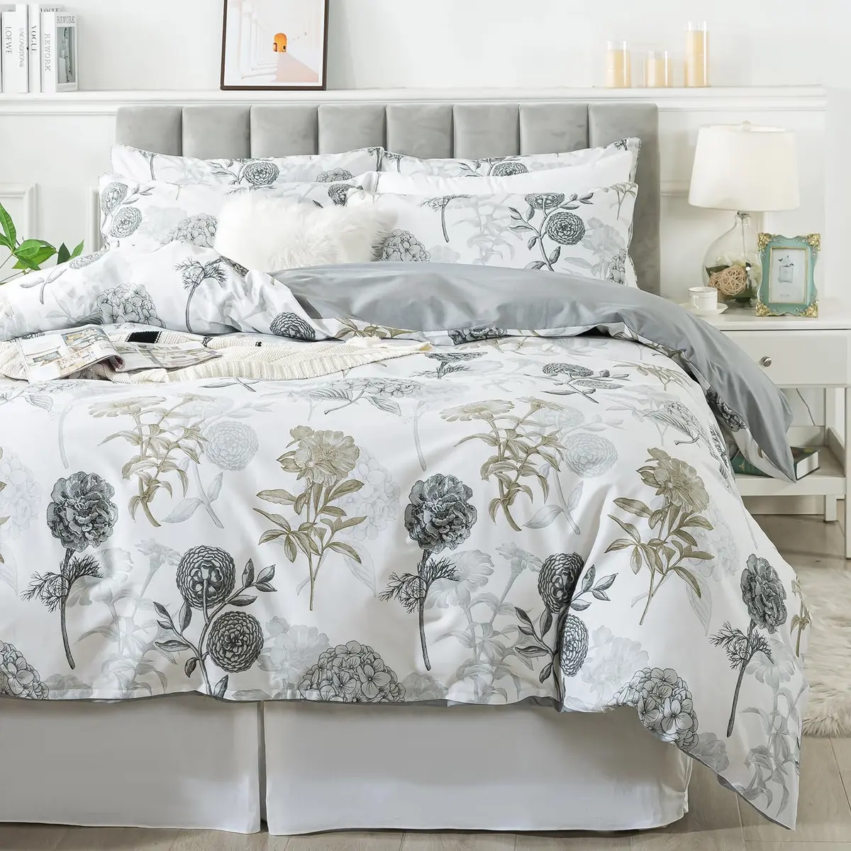 FADFAY Floral Duvet Cover Sets Twin Size 100% Cotton Ink Grey | Vintage Flower Patterned Comforter Cover for All Seasons - view 9