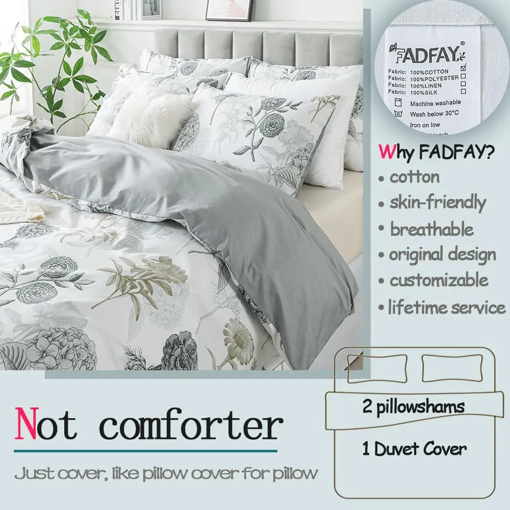 FADFAY Floral Duvet Cover Sets Twin Size 100% Cotton Ink Grey | Vintage Flower Patterned Comforter Cover for All Seasons - view 2