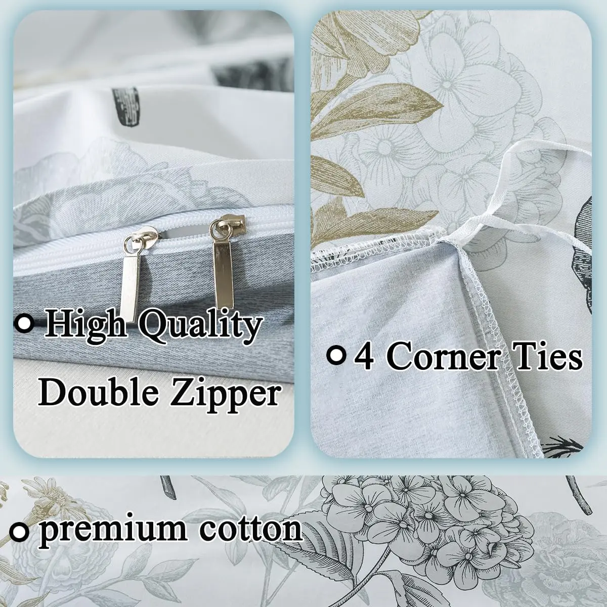 FADFAY Floral Duvet Cover Sets Twin Size 100% Cotton Ink Grey | Vintage Flower Patterned Comforter Cover for All Seasons - view 3