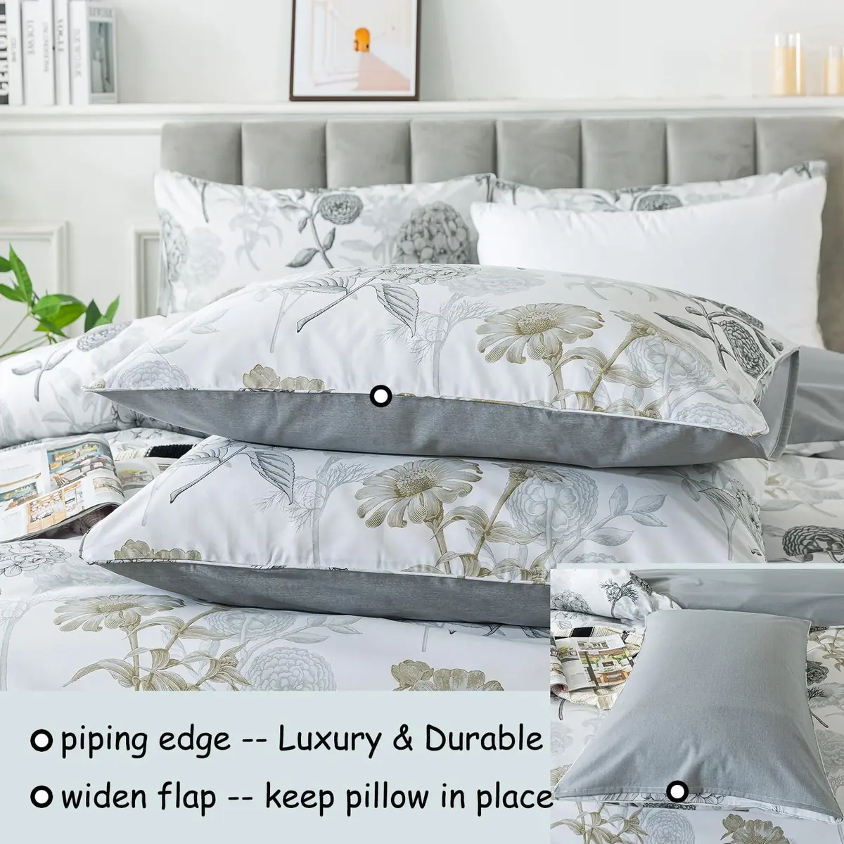 FADFAY Floral Duvet Cover Sets Twin Size 100% Cotton Ink Grey | Vintage Flower Patterned Comforter Cover for All Seasons - view 4