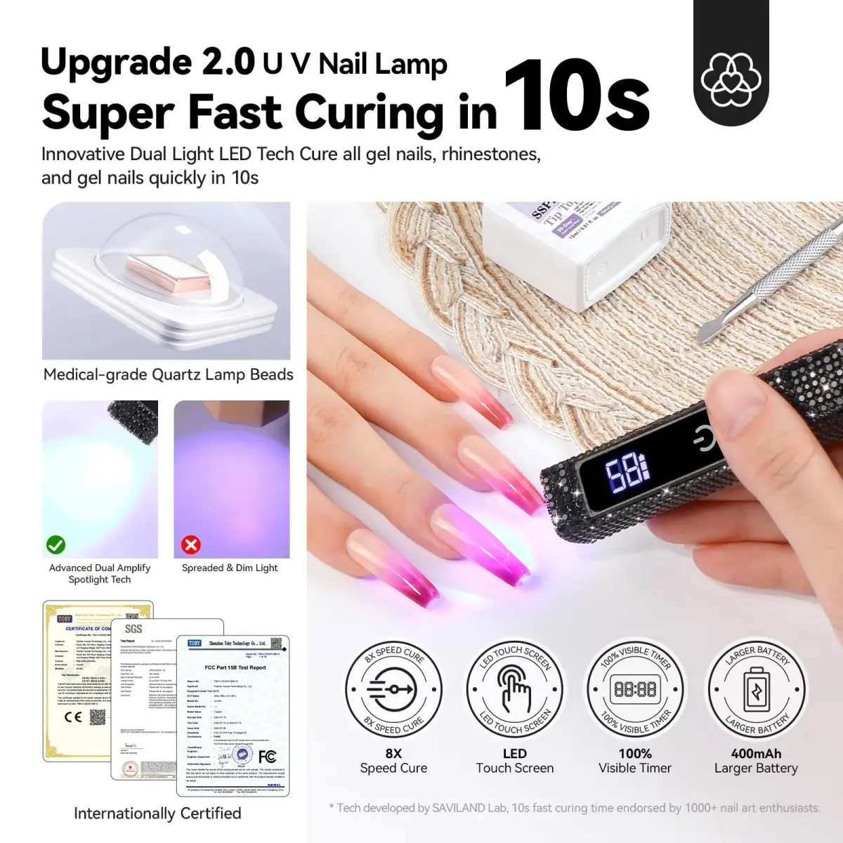 SAVILAND Mini Handheld UV Nail Lamp 12W Black Diamond | 10s Flash Cure Cordless Rechargeable - view 2