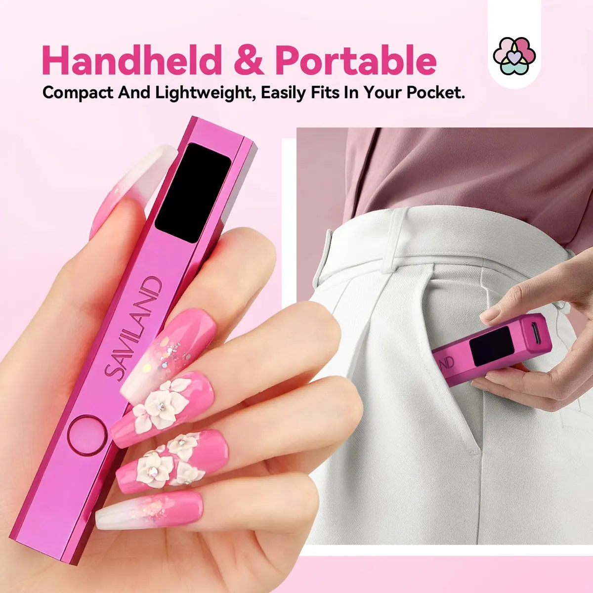 SAVILAND Mini Handheld UV LED Nail Lamp 12W Bright Pink | Fast Gel Curing with 5x Magnifying Lens - view 6