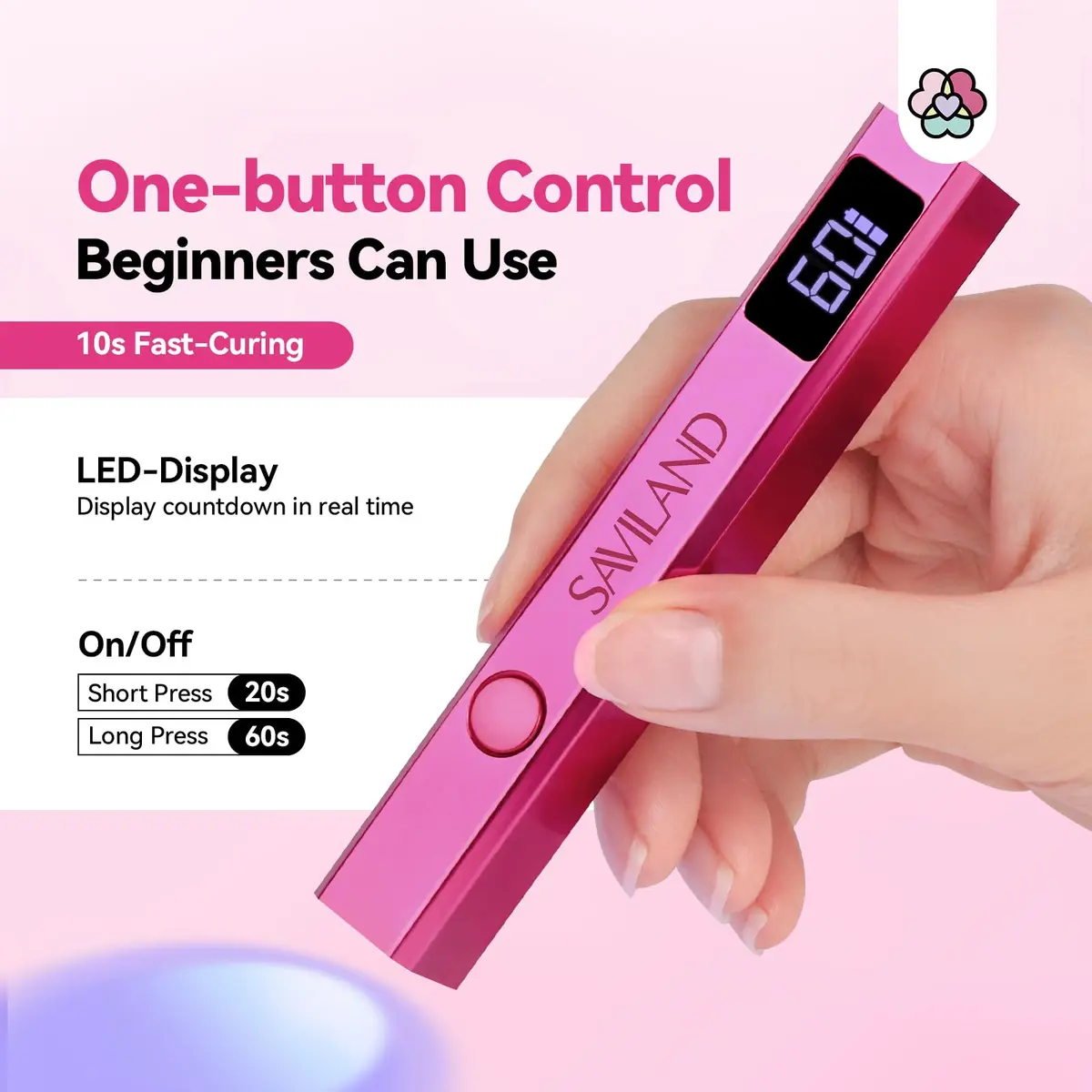 SAVILAND Mini Handheld UV LED Nail Lamp 12W Bright Pink | Fast Gel Curing with 5x Magnifying Lens - view 3
