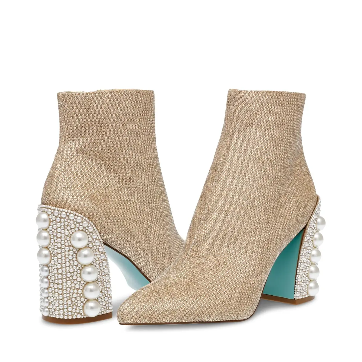 Betsey Johnson Kasey Fashion Boot, Gold, 6.5 | Pearl Encrusted Heel & Ankle-High Style - main product image