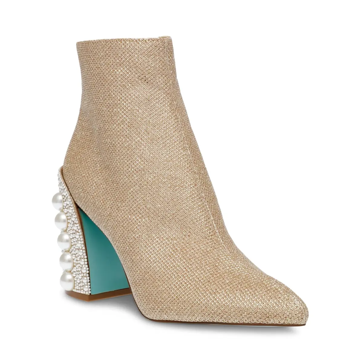 Betsey Johnson Kasey Fashion Boot, Gold, 6.5 | Pearl Encrusted Heel & Ankle-High Style - view 7