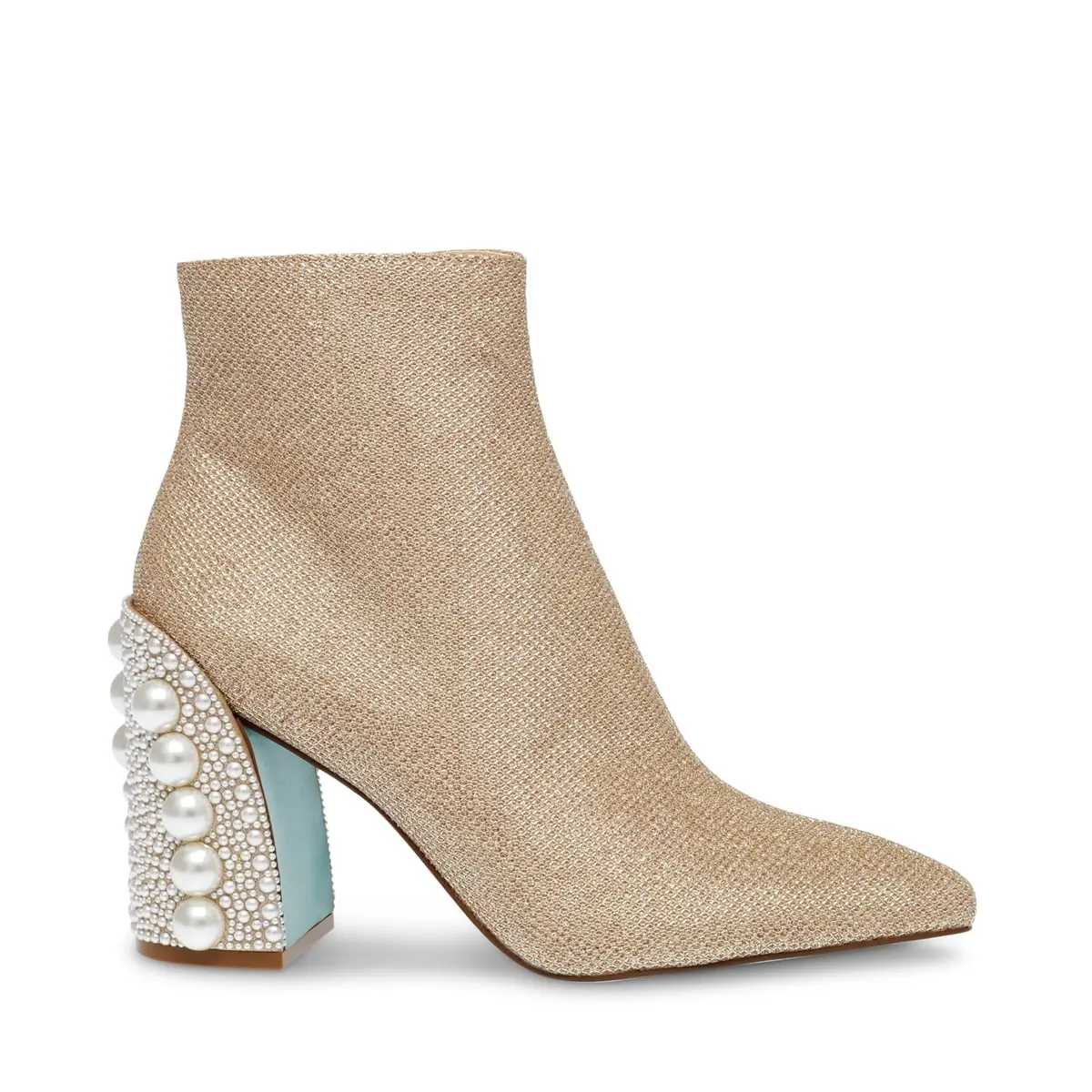 Betsey Johnson Kasey Fashion Boot, Gold, 6.5 | Pearl Encrusted Heel & Ankle-High Style - view 4