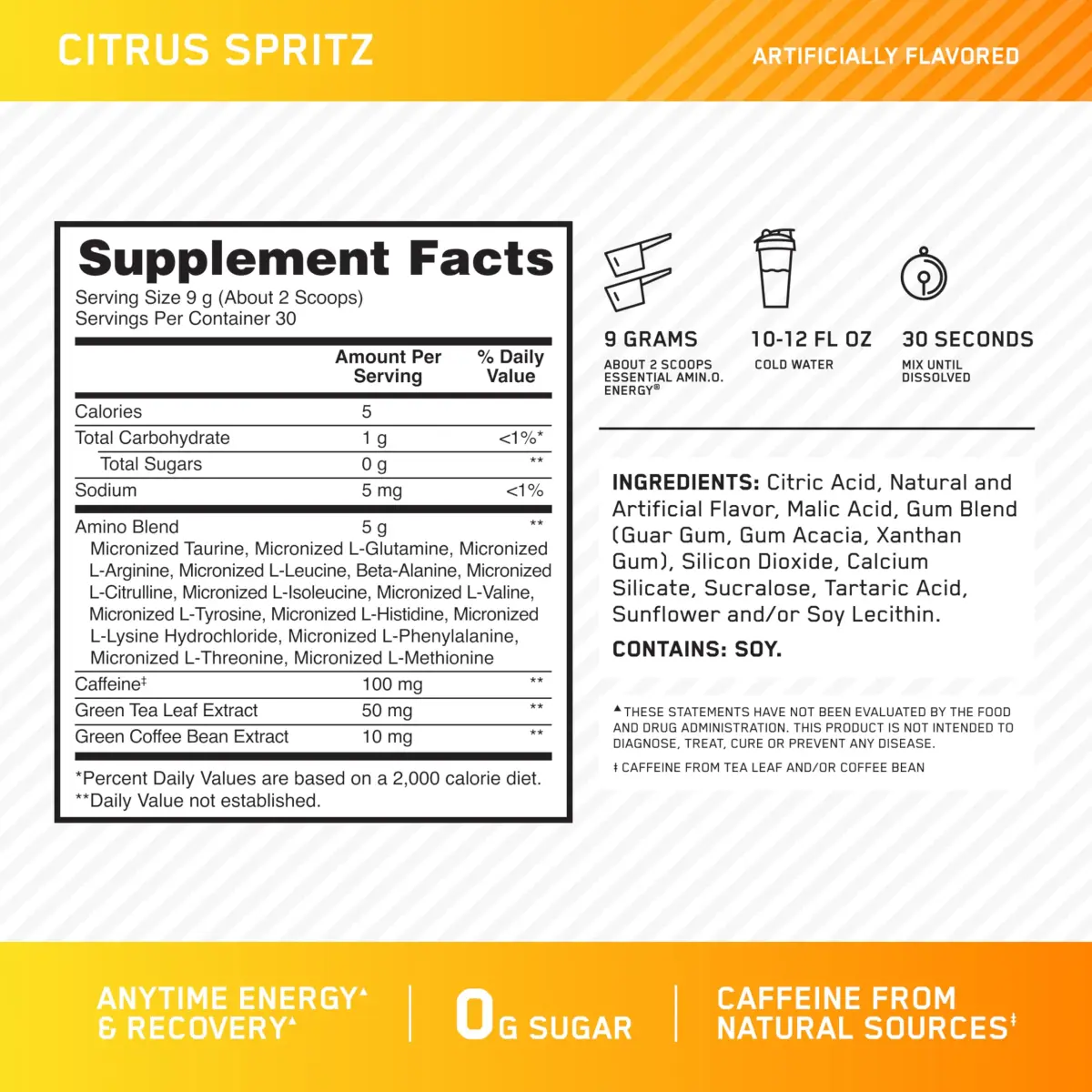 Optimum Nutrition Amino Energy Powder Citrus Spritz 269g (9.5 Oz) | BCAAs for Muscle Recovery & Energy Boost - view 3