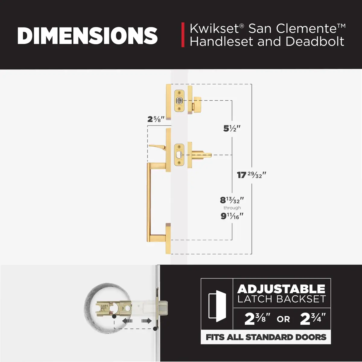 Kwikset San Clemente Entry Handleset with SmartKey Deadbolt, Satin Brass | Grade 1 BHMA Certified Security - view 7