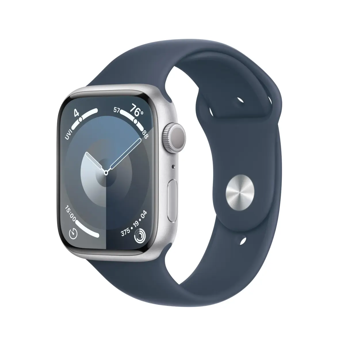 Apple Watch Series 9 GPS 45mm Silver Aluminum Storm Blue Sport Band S/M (Renewed) | Health, Safety & Activity Tracking - main product image
