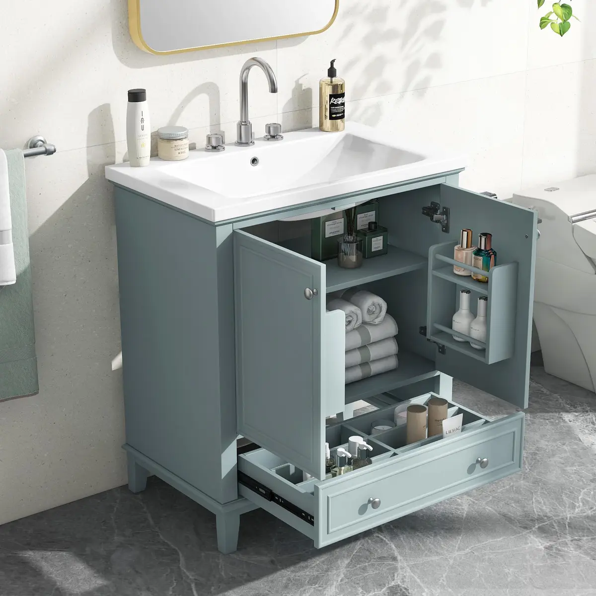 Acosure 30" Bathroom Vanity with Sink Combo, Doors & Drawer, Solid Wood, Green - view 2