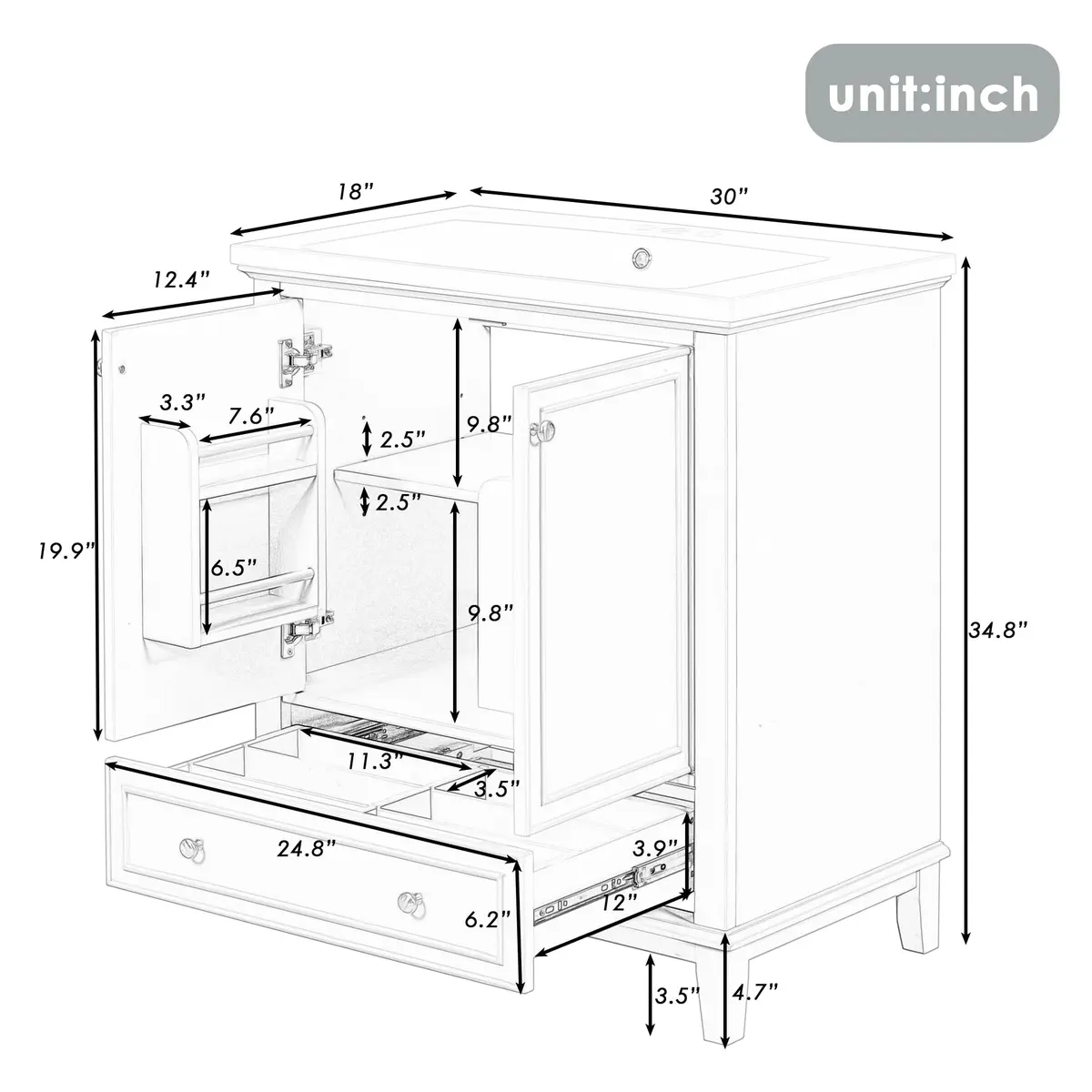 Acosure 30" Bathroom Vanity with Sink Combo, Doors & Drawer, Solid Wood, Green - view 3