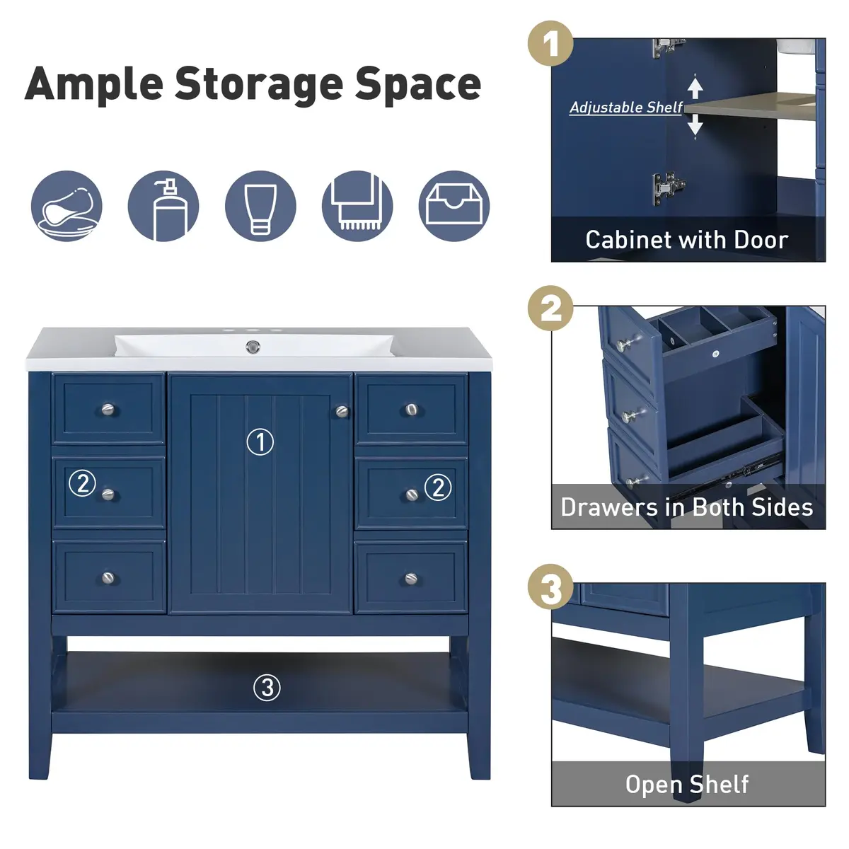 Acosure 36" Bathroom Vanity with Sink Combo | Modern Solid Wood Cabinet with Adjustable Shelf - view 5