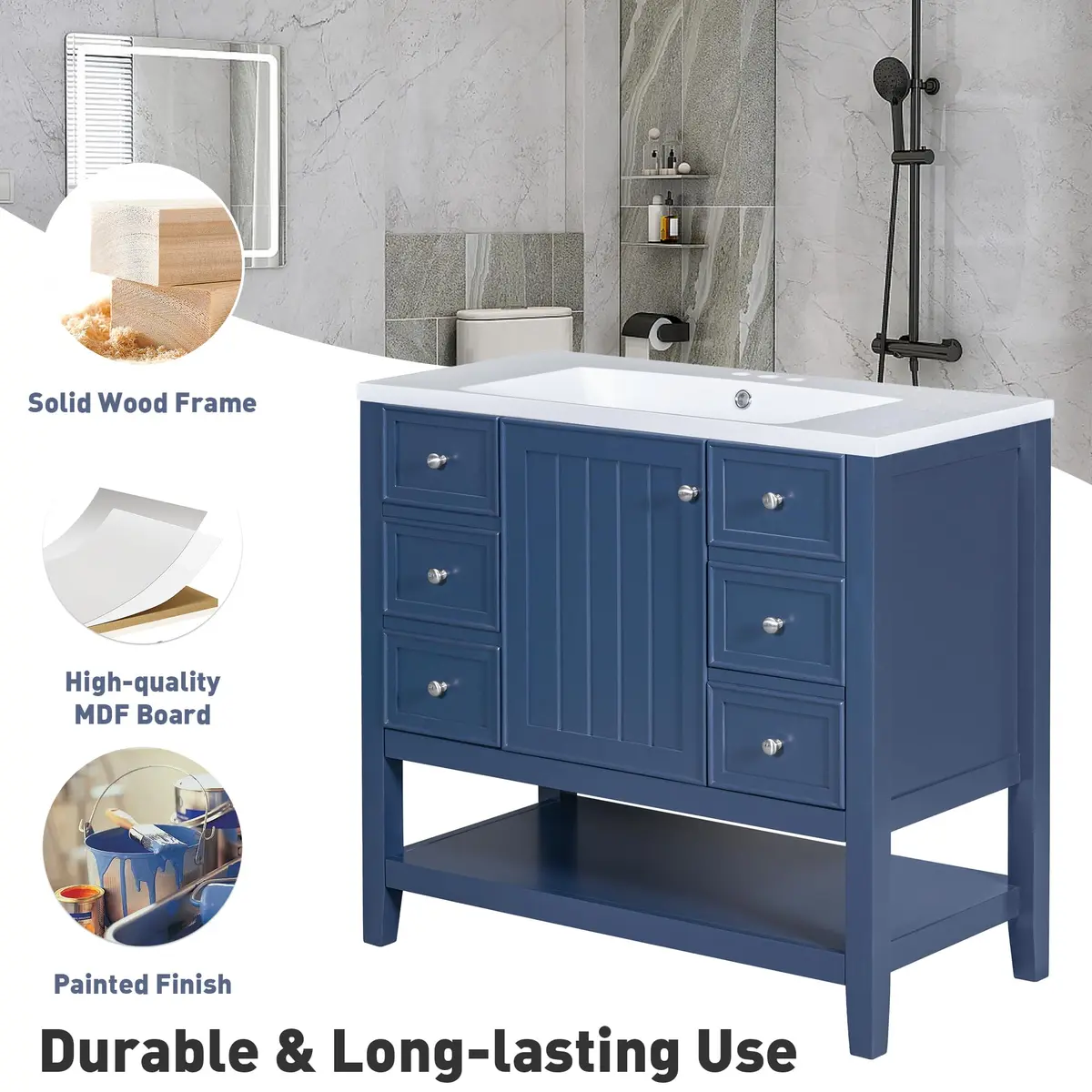 Acosure 36" Bathroom Vanity with Sink Combo | Modern Solid Wood Cabinet with Adjustable Shelf - view 7