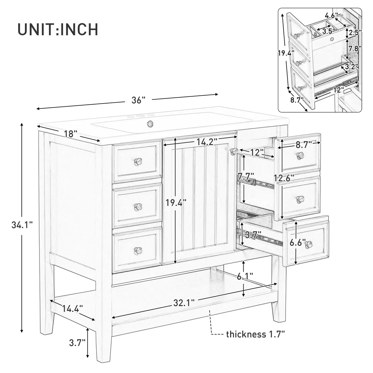 Acosure 36" Bathroom Vanity with Sink Combo | Modern Solid Wood Cabinet with Adjustable Shelf - view 3