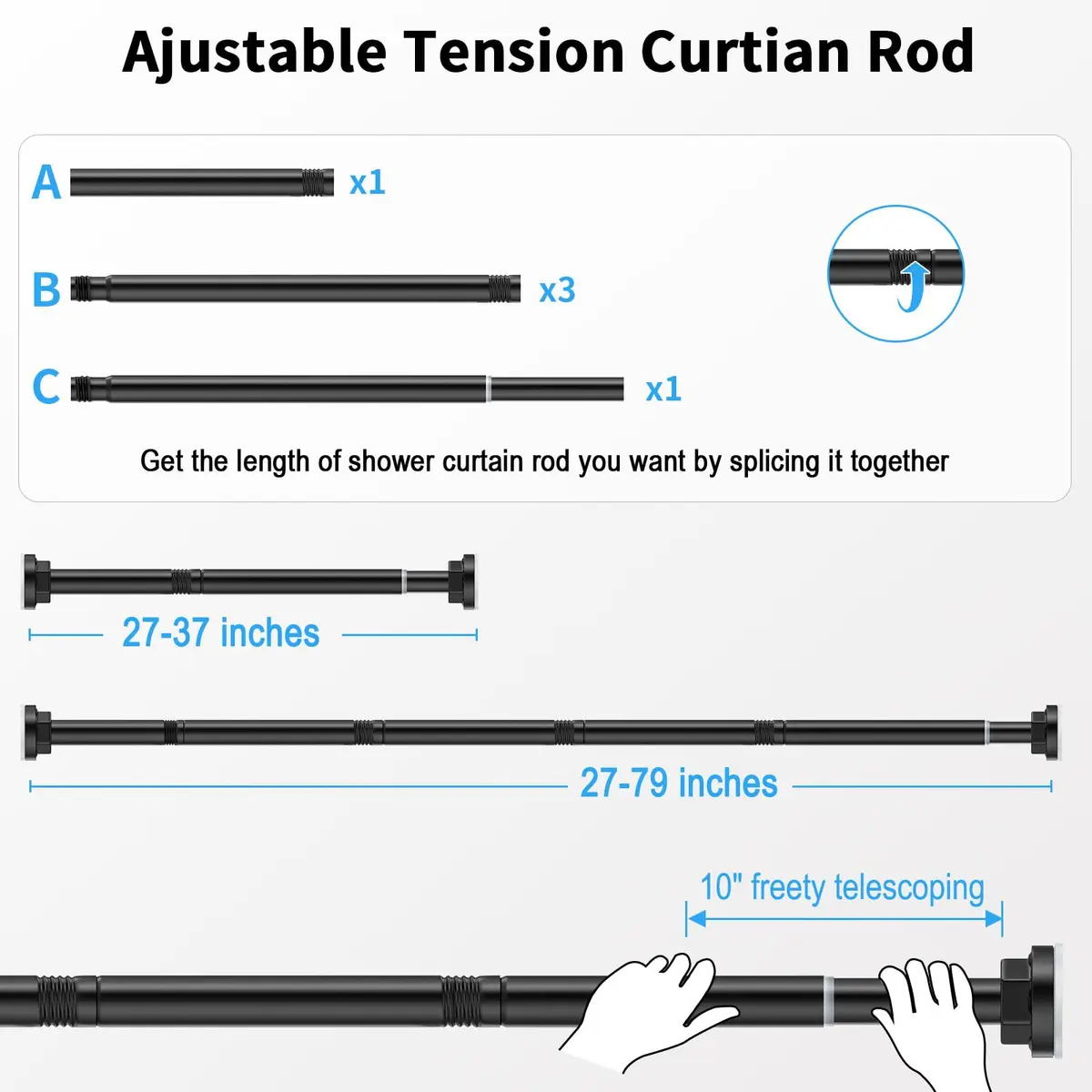 FOJELD Shower Curtain Rod 27-79 Inches | Adjustable Tension No Drilling, Rustproof, Heavy Duty (en_US) - view 7