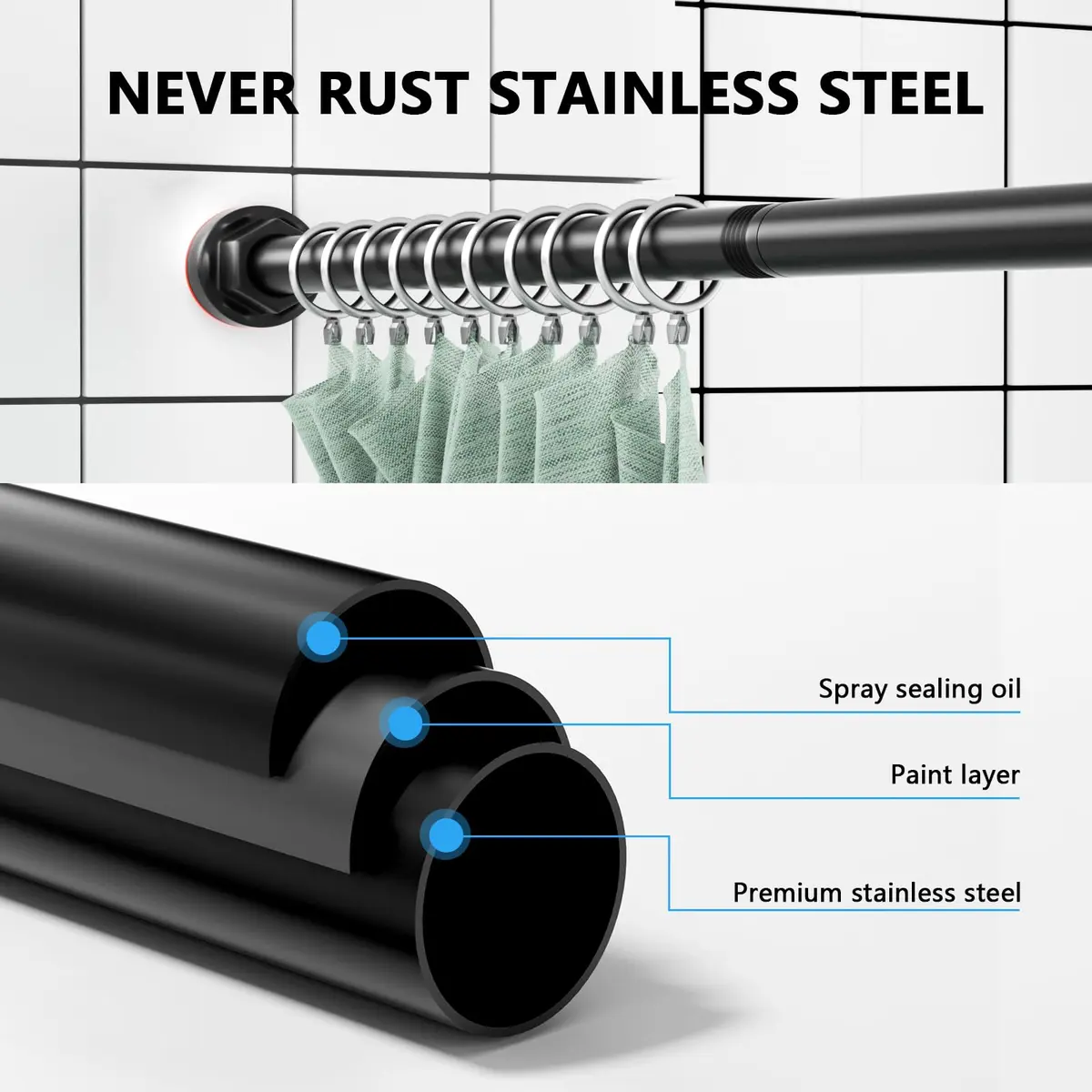FOJELD Shower Curtain Rod 27-79 Inches | Adjustable Tension No Drilling, Rustproof, Heavy Duty (en_US) - view 2