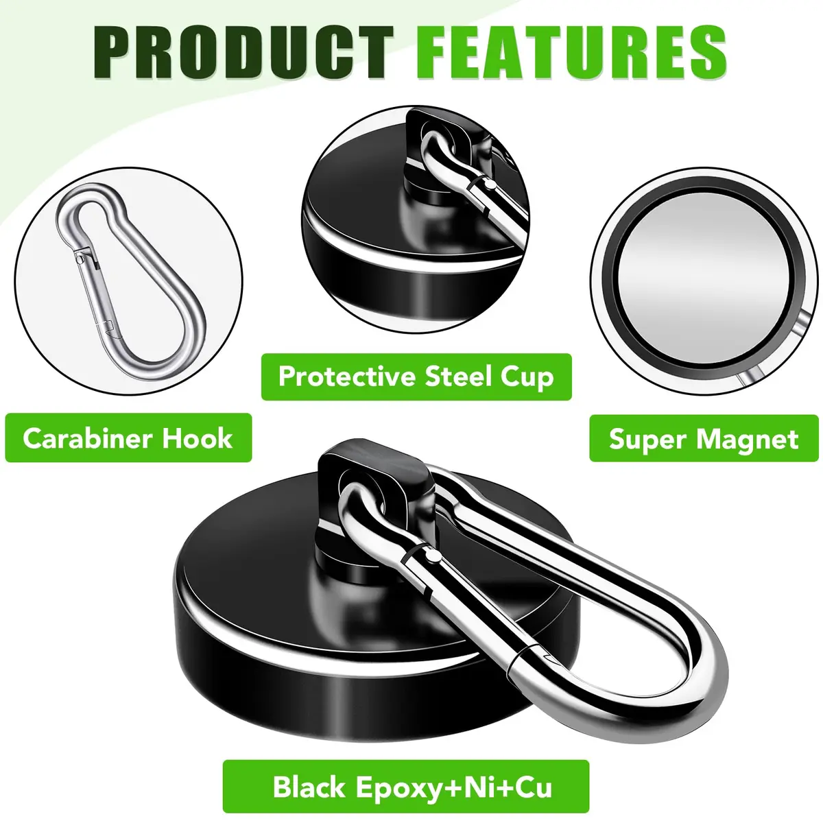 E BAVITE Heavy Duty Magnetic Hooks with Carabiner, 110 LBS Capacity, Black, 12 Pack | Industrial Grade Neodymium Magnets - view 5