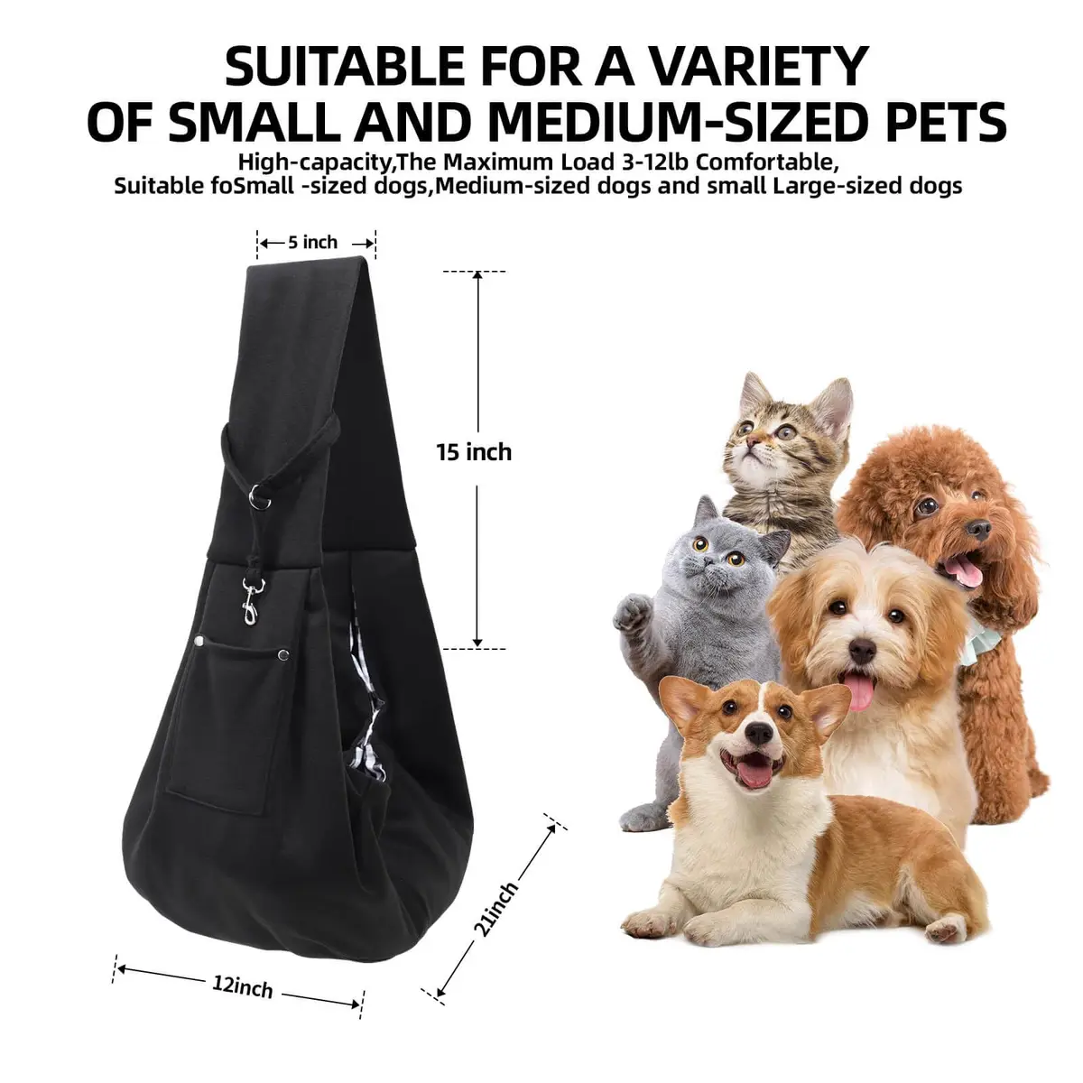 ARZQUT Small Pet Carrier Sling Bag with Storage Pocket & Safety Buckle, Black, 53cm (21") | Breathable Cotton for Dogs & Cats - view 5