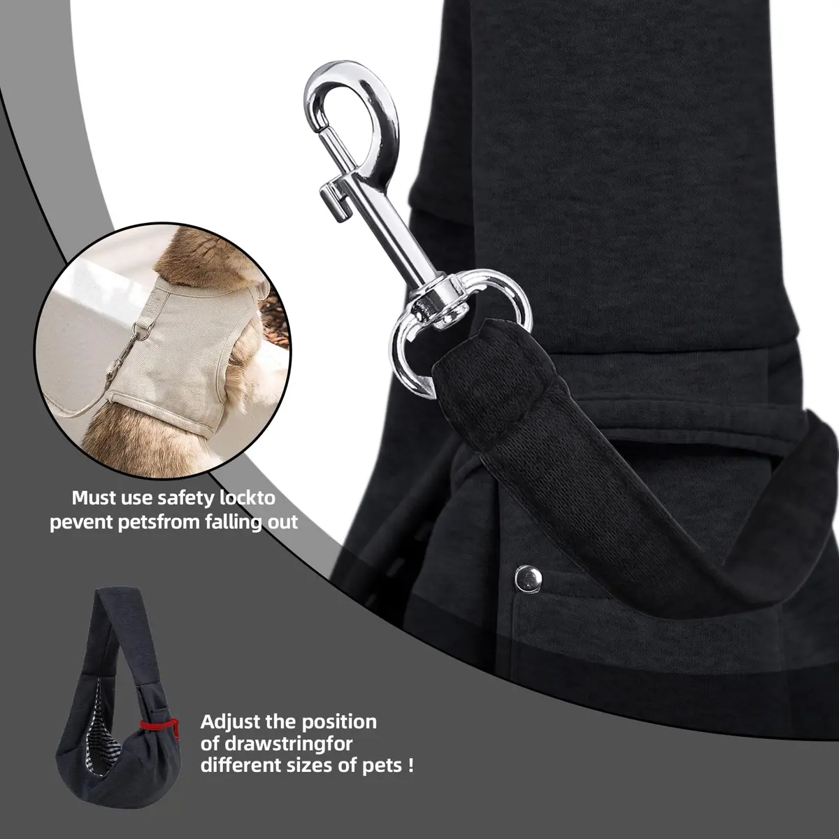 ARZQUT Small Pet Carrier Sling Bag with Storage Pocket & Safety Buckle, Black, 53cm (21") | Breathable Cotton for Dogs & Cats - view 6