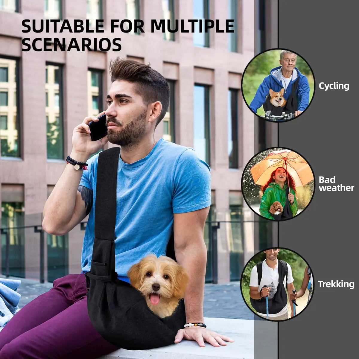 ARZQUT Small Pet Carrier Sling Bag with Storage Pocket & Safety Buckle, Black, 53cm (21") | Breathable Cotton for Dogs & Cats - view 2
