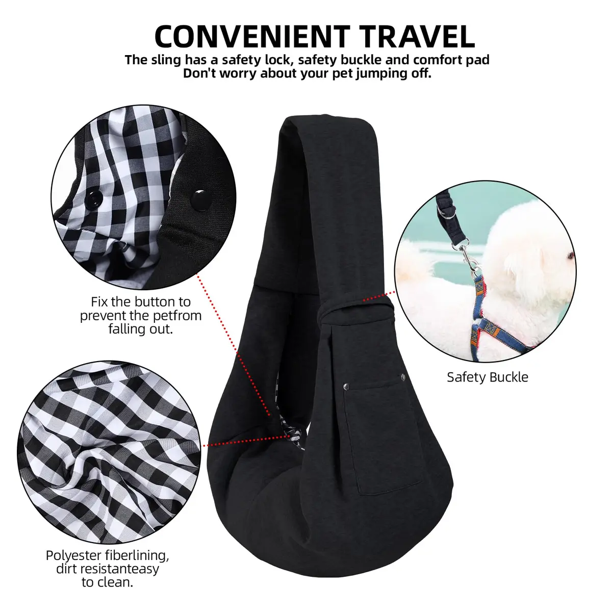 ARZQUT Small Pet Carrier Sling Bag with Storage Pocket & Safety Buckle, Black, 53cm (21") | Breathable Cotton for Dogs & Cats - view 4