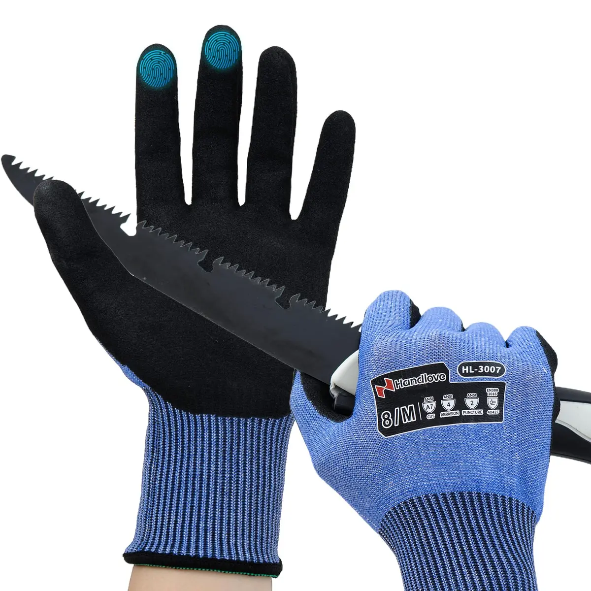 HandLove Cut Resistant Gloves – ANSI A7 Safety Work Gloves | Sandy Nitrile, Anti-Slip, Touchscreen, Durable, PFAS Free, Blue, 6Pairs, L - main product image