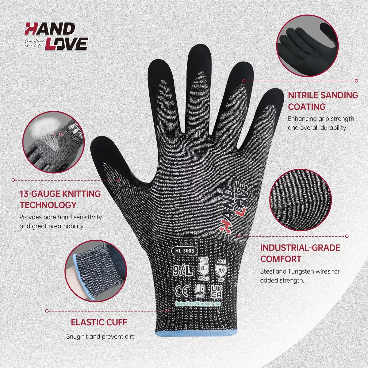 HandLove Cut Resistant Gloves – ANSI A7 Safety Work Gloves | Sandy Nitrile, Anti-Slip, Touchscreen, Durable, PFAS Free, Blue, 6Pairs, L - view 2