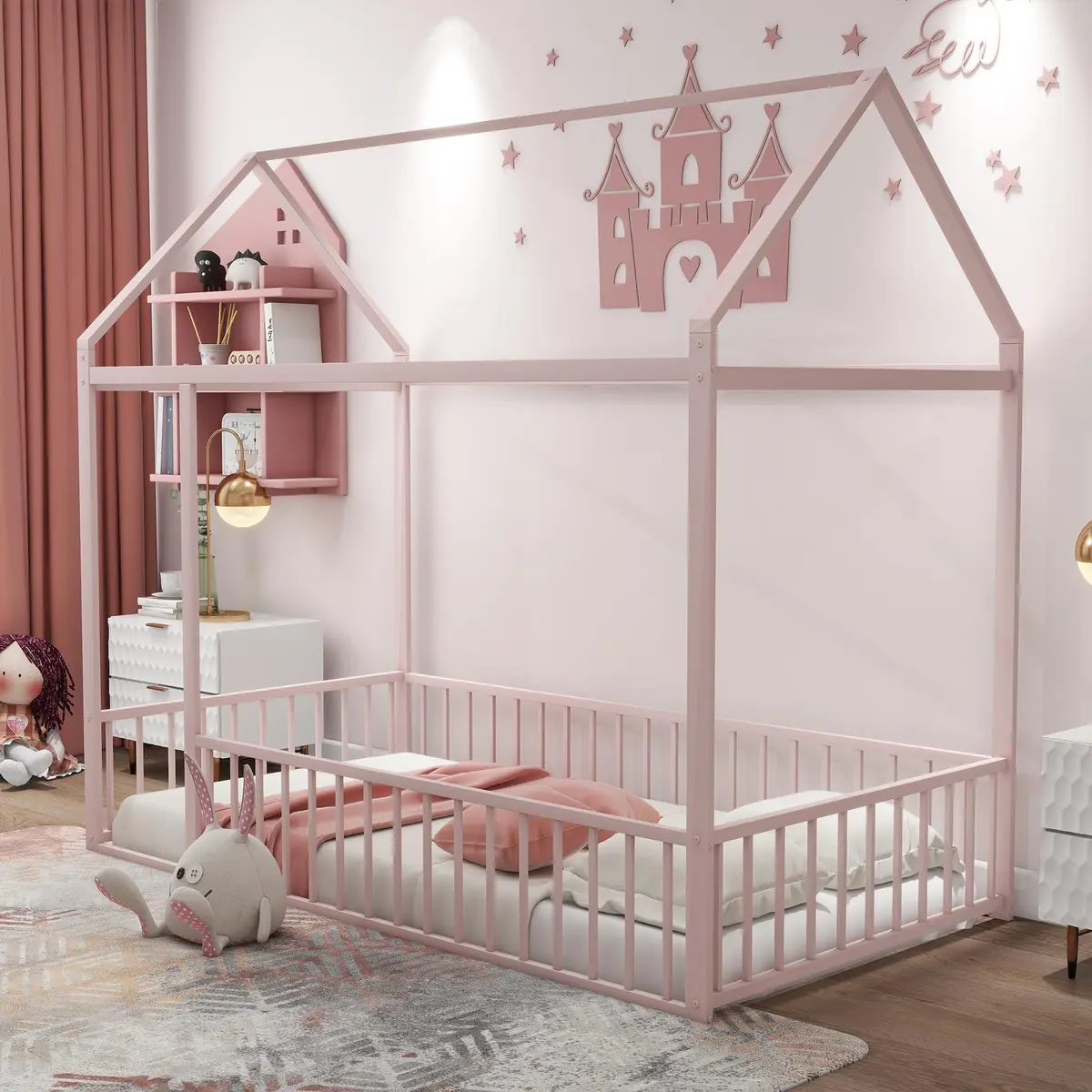 Brisca Twin Size Metal Bed with Roof | Kids & Teens House Bed, Pink, 77.56"L x 40.55"W x 69.66"H - main product image