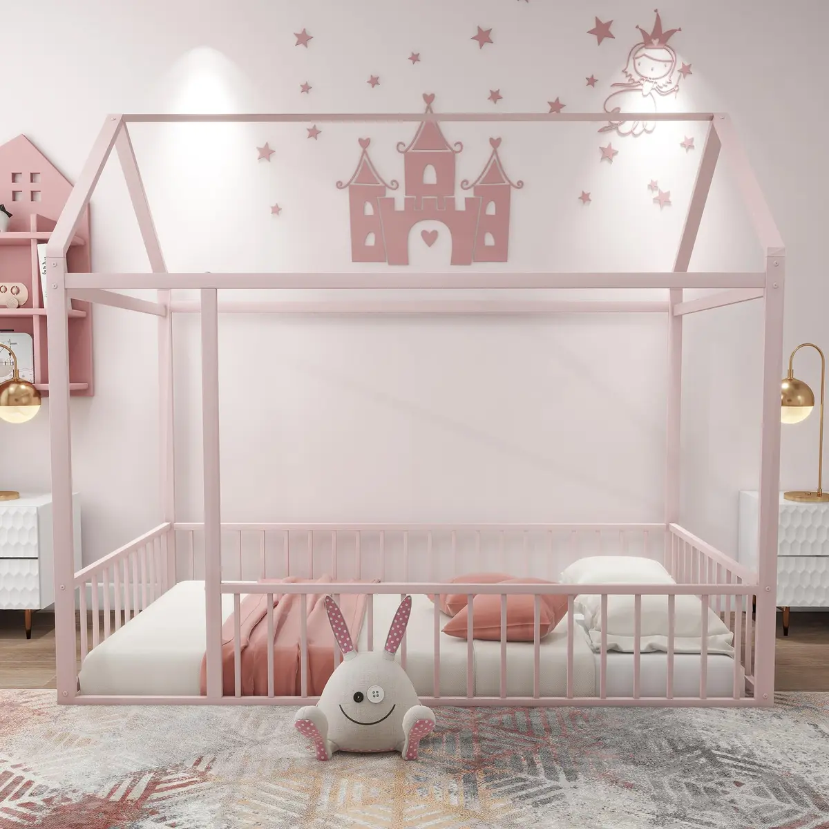 Brisca Twin Size Metal Bed with Roof | Kids & Teens House Bed, Pink, 77.56"L x 40.55"W x 69.66"H - view 2