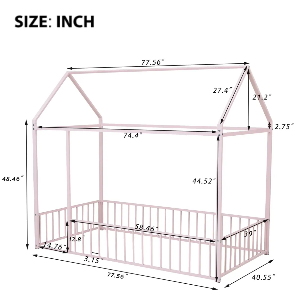 Brisca Twin Size Metal Bed with Roof | Kids & Teens House Bed, Pink, 77.56"L x 40.55"W x 69.66"H - view 3