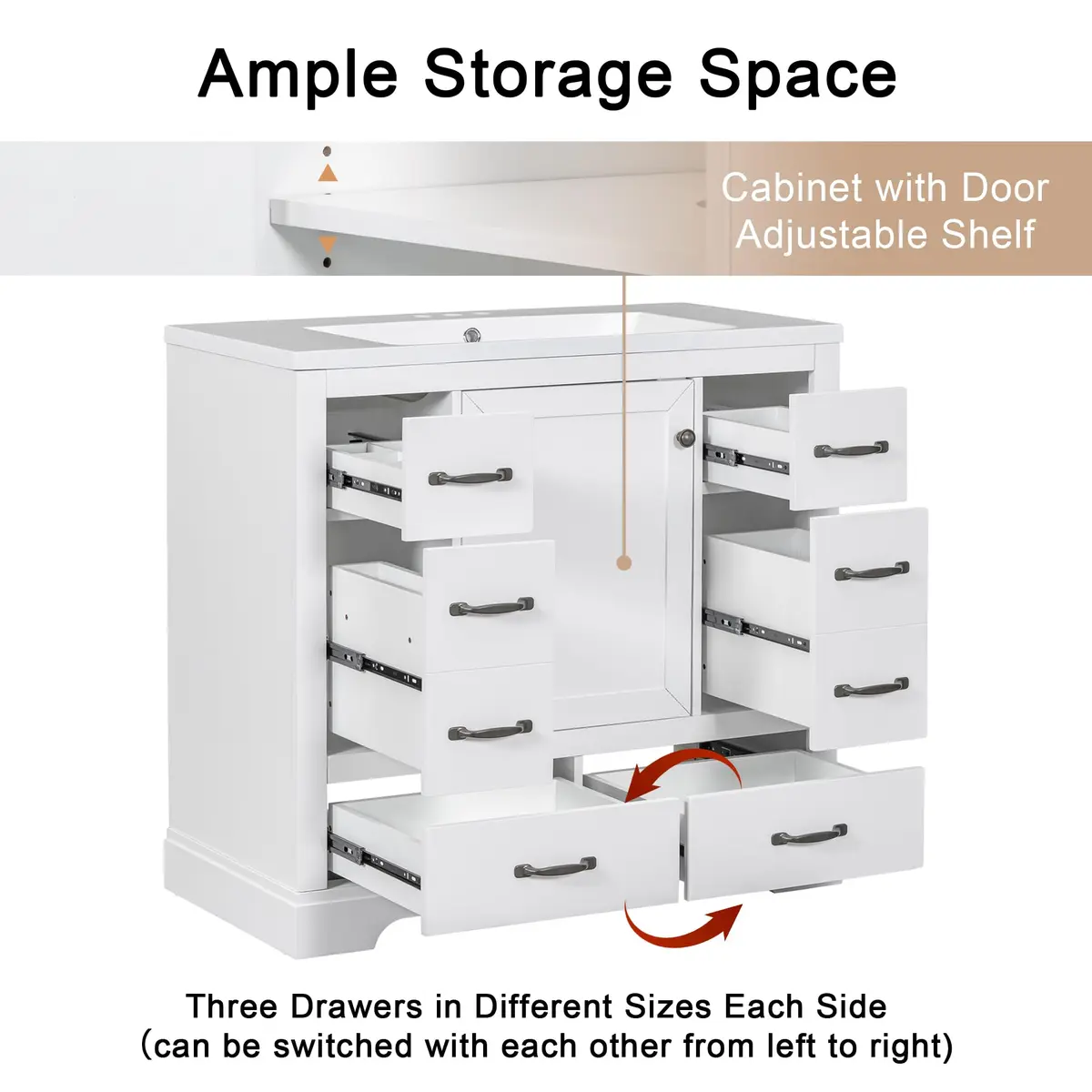 Brisca 36" Bathroom Vanity Without Sink | Modern White Freestanding Cabinet with 6 Drawers - view 5